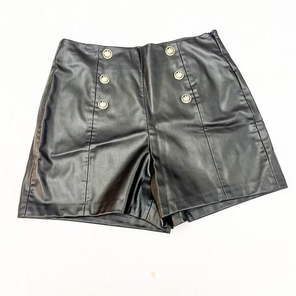 Zara Military Style Faux Black Leather Mini Shorts Gold Buttons Size L - Picture 1 of 4